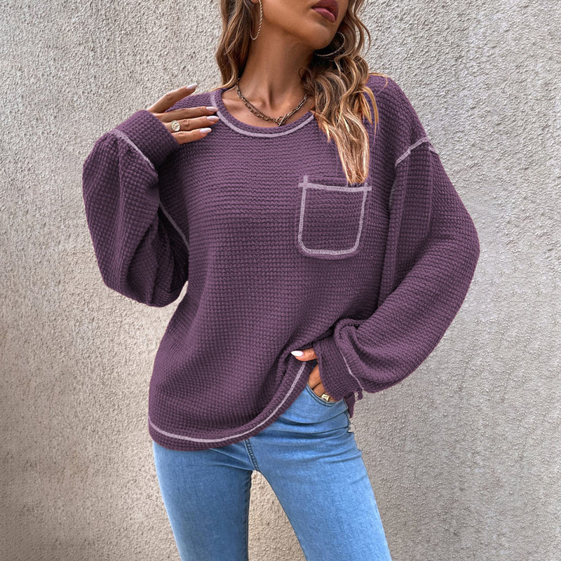 Top-stitching Drop Shoulder Pocket Patched Sweater