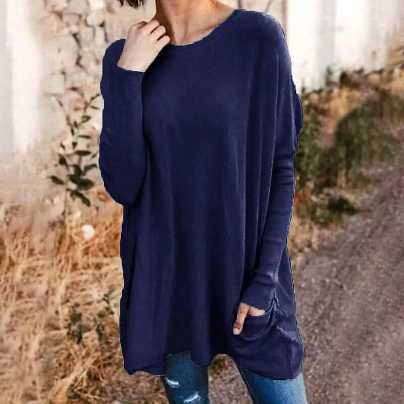 Round Neck Long Sleeve Loose Pocket Solid T-Shirt Round Neck Long Sleeve Loose Pocket Solid T-Shirt