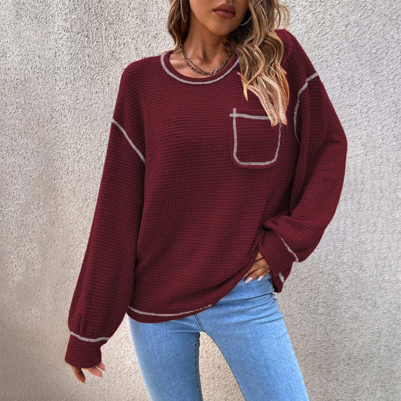 Top-stitching Drop Shoulder Pocket Patched Sweater