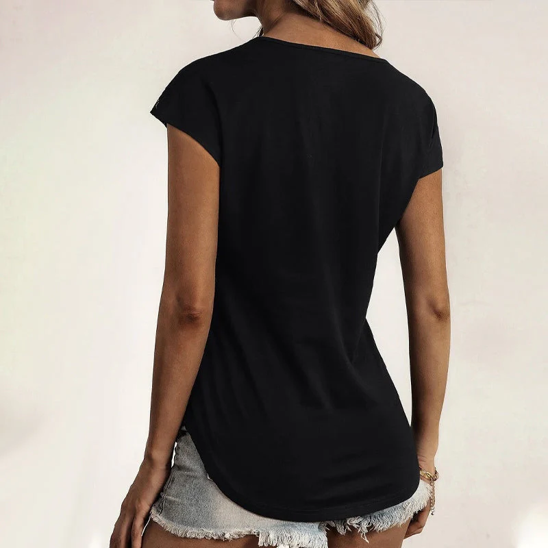 Round Neck Half Zip Panel Lace Short Sleeve T-shirt