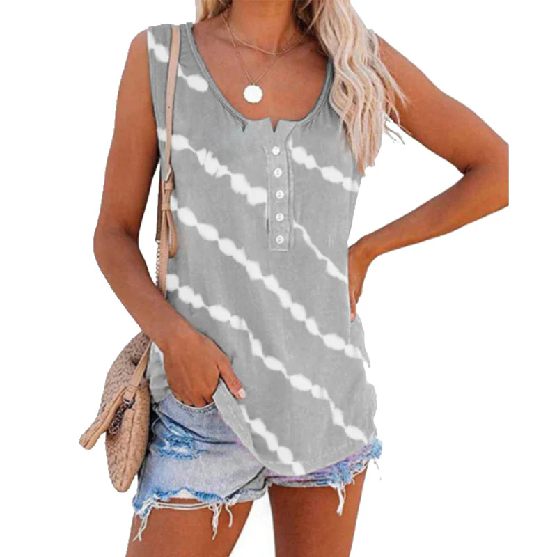 Women's Diagonal Stripe Button Crew Neck Tank Top Women's Diagonal Stripe Button Crew Neck Tank Top