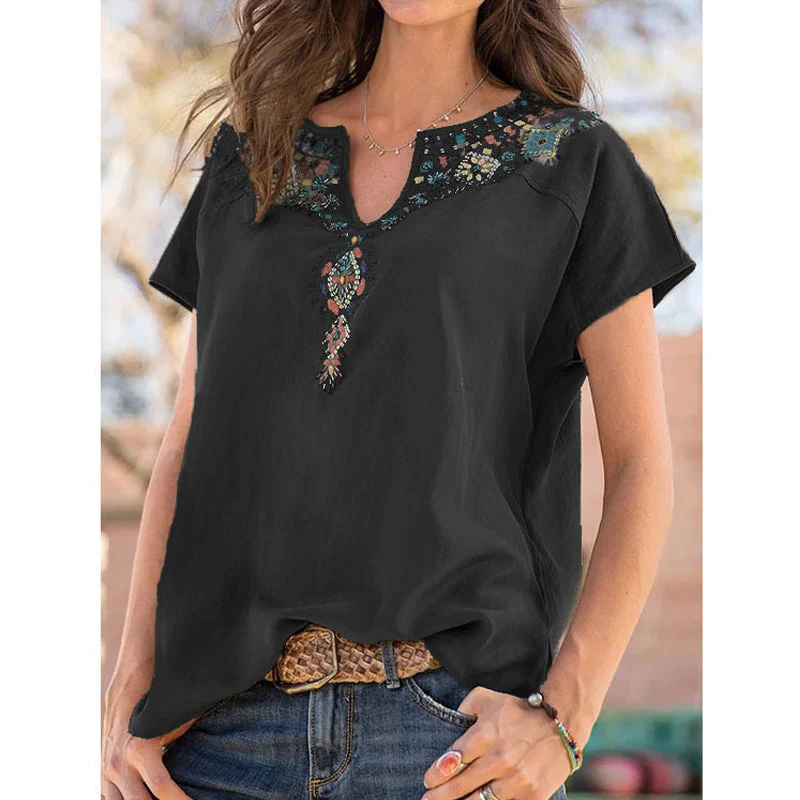 V-Neck Loose Ethnic Style T-Shirt