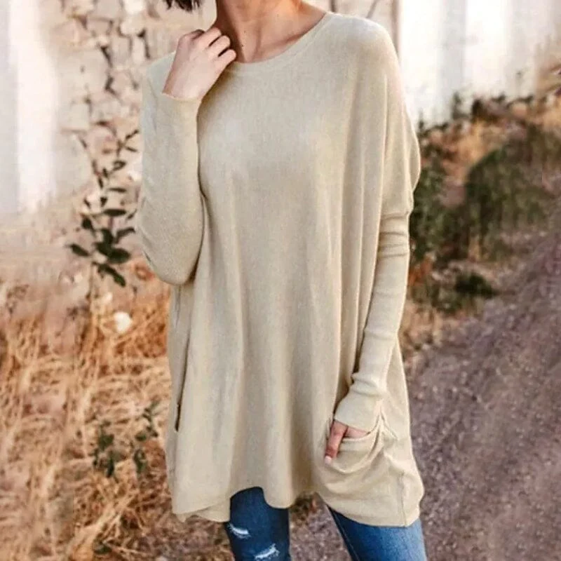 Round Neck Long Sleeve Loose Pocket Solid T-Shirt Round Neck Long Sleeve Loose Pocket Solid T-Shirt