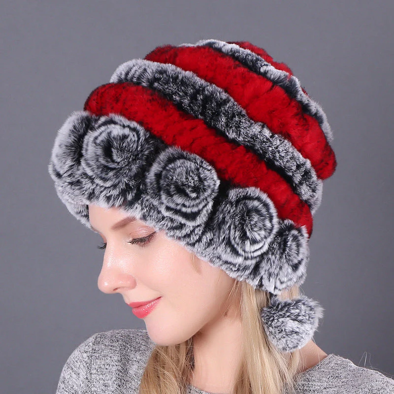 Warm Flowers Striped Real Rex Rabbit Fur Hats Warm Flowers Striped Real Rex Rabbit Fur Hats