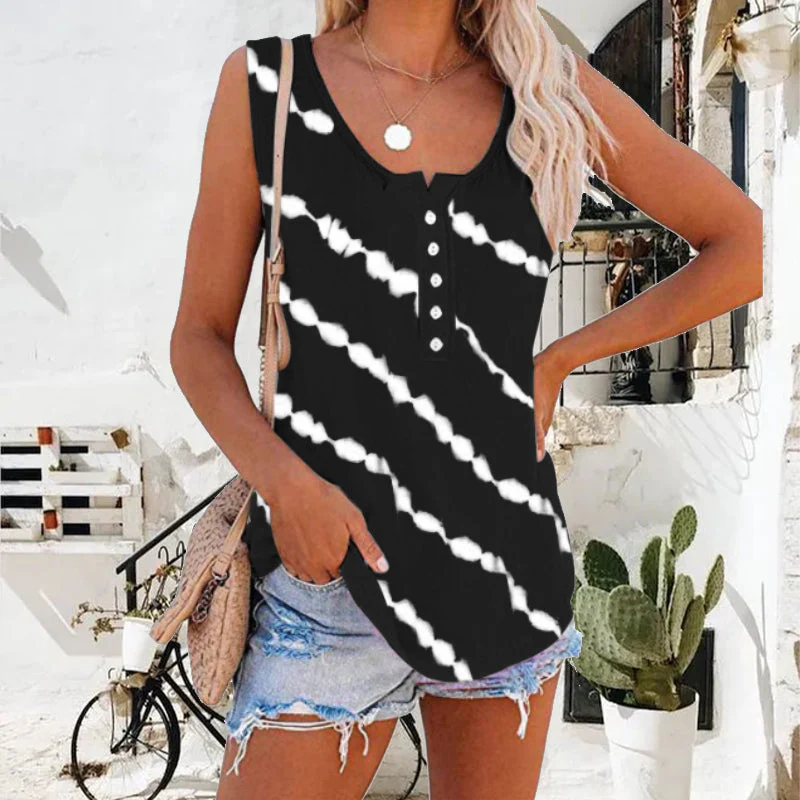 Women's Diagonal Stripe Button Crew Neck Tank Top Women's Diagonal Stripe Button Crew Neck Tank Top