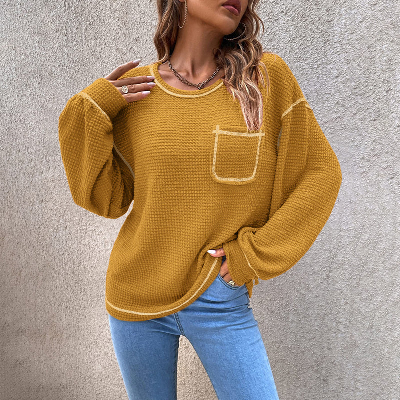 Top-stitching Drop Shoulder Pocket Patched Sweater
