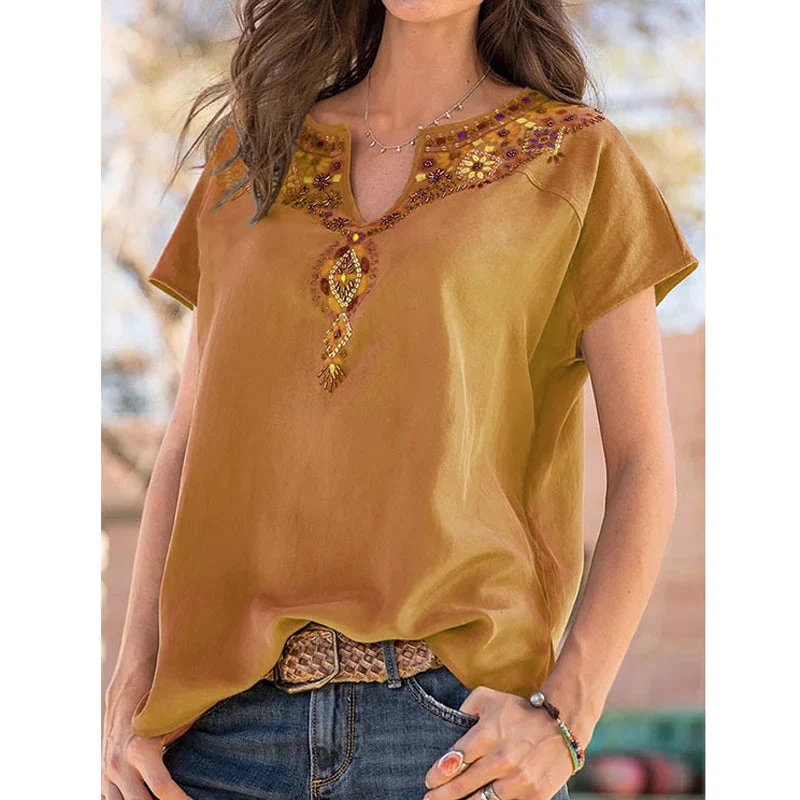 V-Neck Loose Ethnic Style T-Shirt