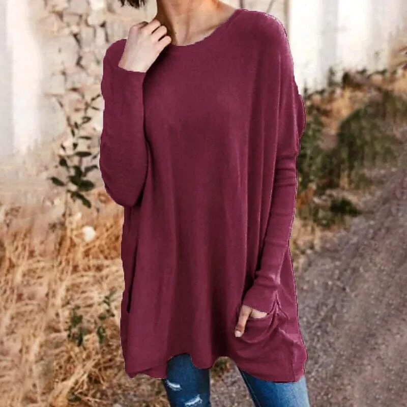 Round Neck Long Sleeve Loose Pocket Solid T-Shirt Round Neck Long Sleeve Loose Pocket Solid T-Shirt