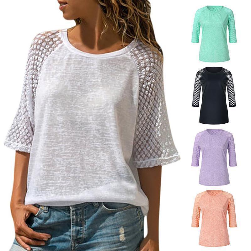 Lace Stitching Round Neck Cropped T-Shir...