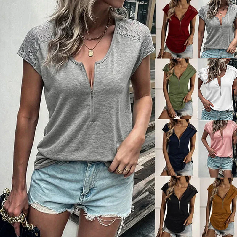 Round Neck Half Zip Panel Lace Short Sle...