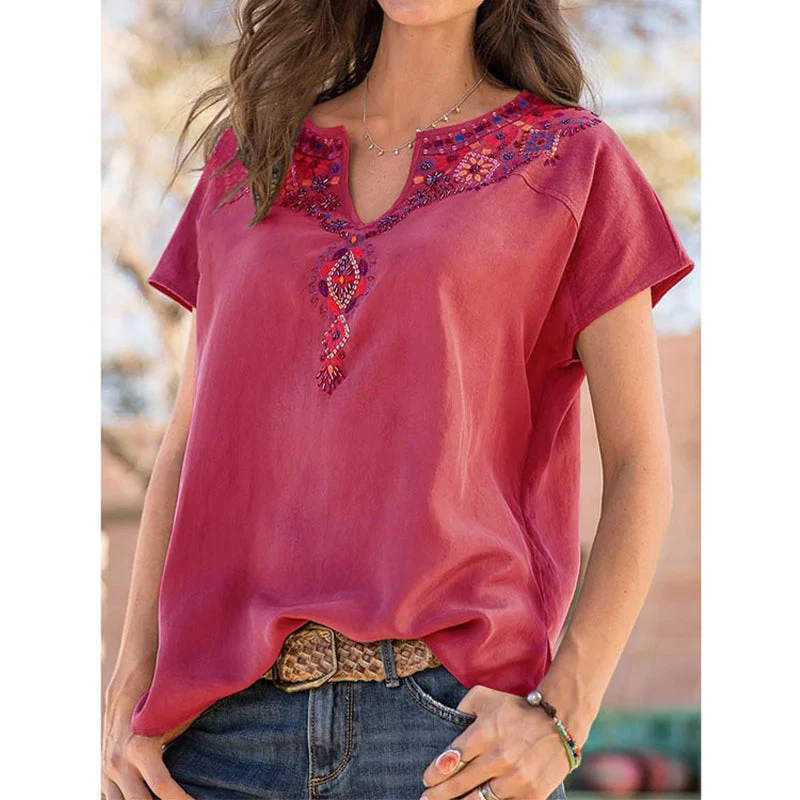 V-Neck Loose Ethnic Style T-Shirt
