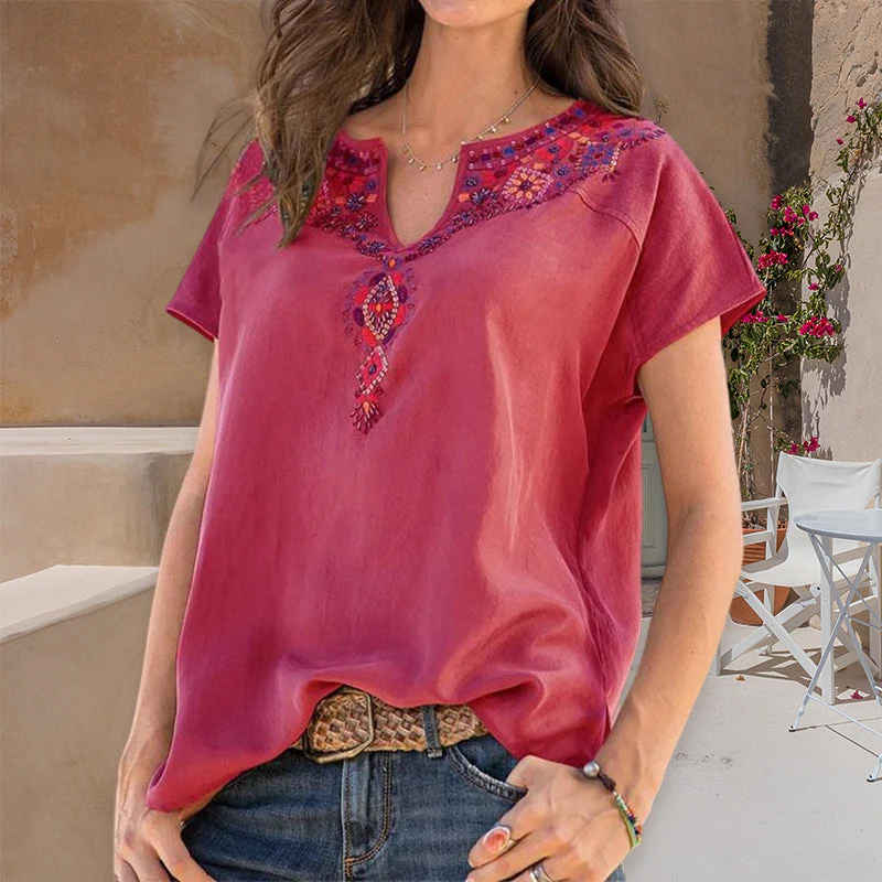 V-Neck Loose Ethnic Style T-Shirt