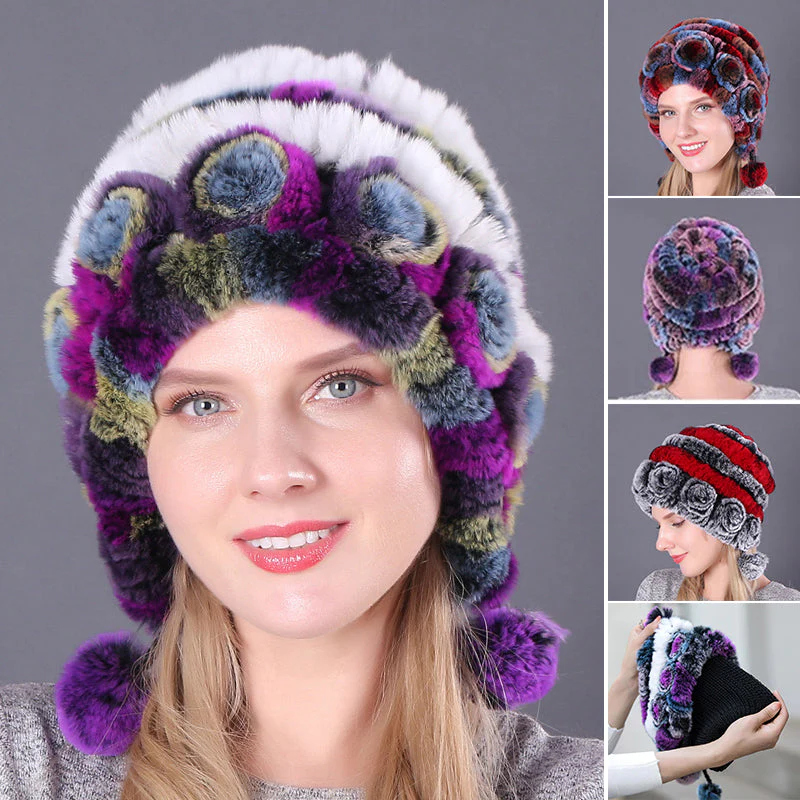 Warm Flowers Striped Real Rex Rabbit Fur Hats Warm Flowers Striped Real Rex Rabbit Fur Hats