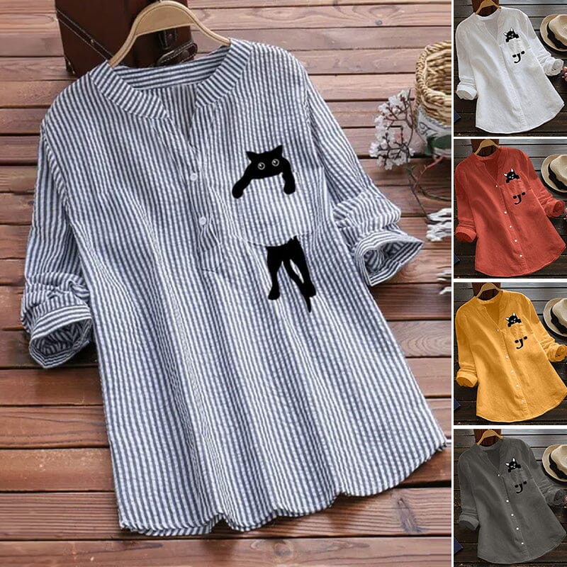 V-neck Cotton And Cat Print Long Sleeve ...