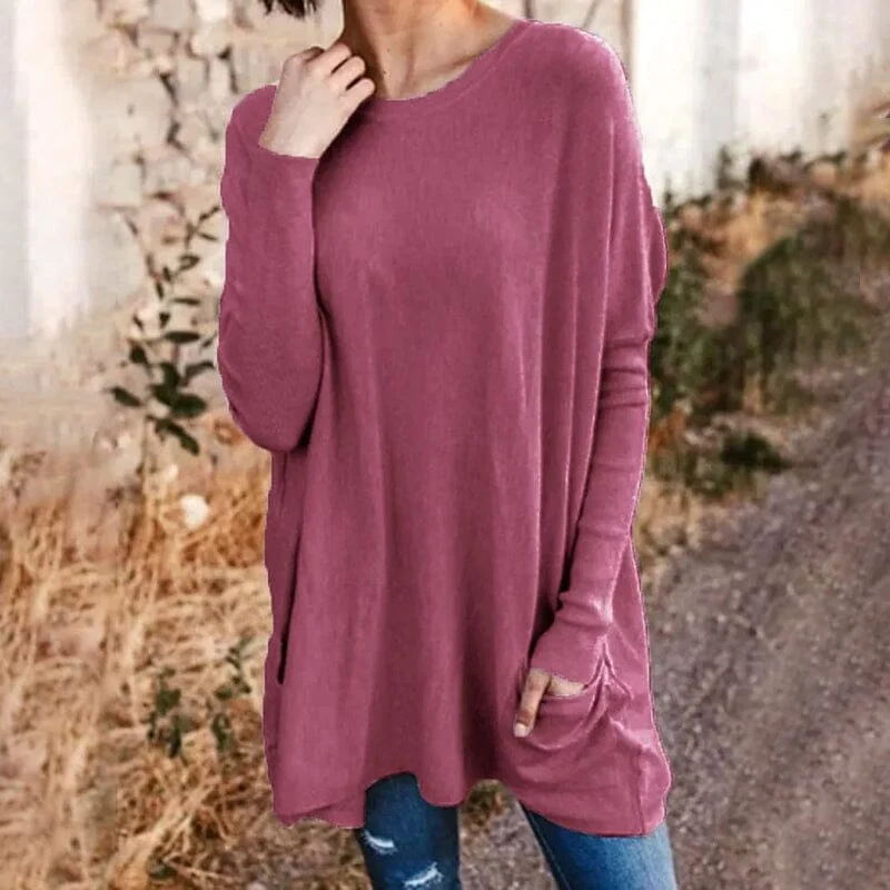 Round Neck Long Sleeve Loose Pocket Solid T-Shirt Round Neck Long Sleeve Loose Pocket Solid T-Shirt