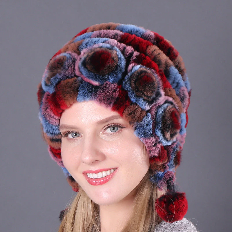 Warm Flowers Striped Real Rex Rabbit Fur Hats Warm Flowers Striped Real Rex Rabbit Fur Hats