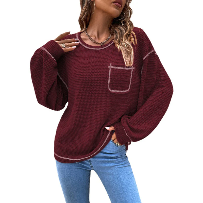 Top-stitching Drop Shoulder Pocket Patched Sweater