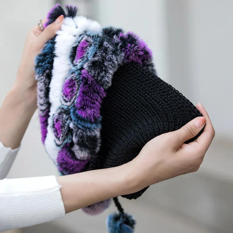 Warm Flowers Striped Real Rex Rabbit Fur...