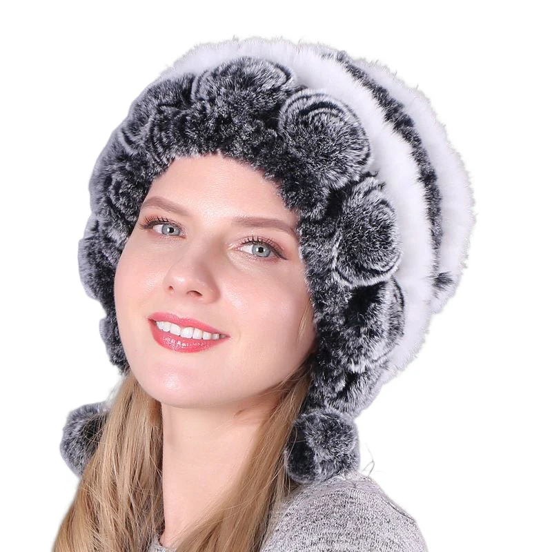 Warm Flowers Striped Real Rex Rabbit Fur Hats Warm Flowers Striped Real Rex Rabbit Fur Hats