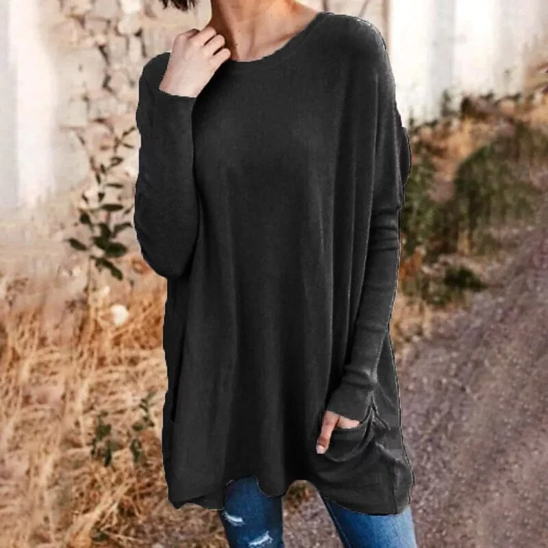 Round Neck Long Sleeve Loose Pocket Solid T-Shirt Round Neck Long Sleeve Loose Pocket Solid T-Shirt