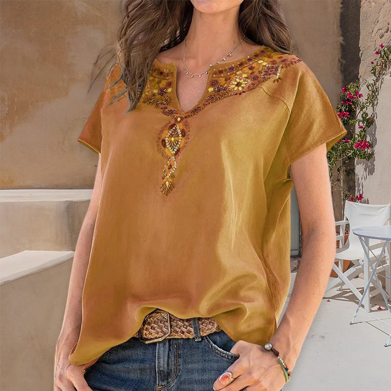 V-Neck Loose Ethnic Style T-Shirt