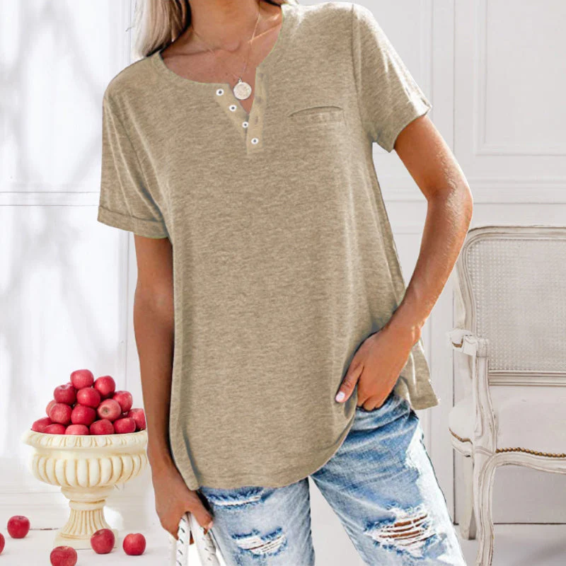 Fashion Solid Color Pocket Short Sleeve ...
