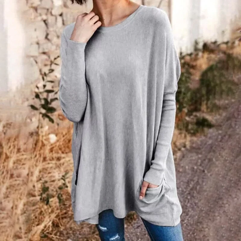 Round Neck Long Sleeve Loose Pocket Solid T-Shirt Round Neck Long Sleeve Loose Pocket Solid T-Shirt