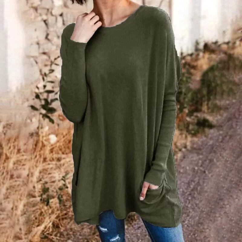 Round Neck Long Sleeve Loose Pocket Solid T-Shirt Round Neck Long Sleeve Loose Pocket Solid T-Shirt