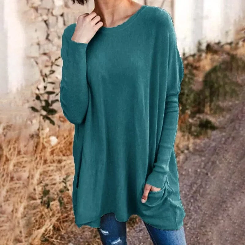 Round Neck Long Sleeve Loose Pocket Solid T-Shirt Round Neck Long Sleeve Loose Pocket Solid T-Shirt