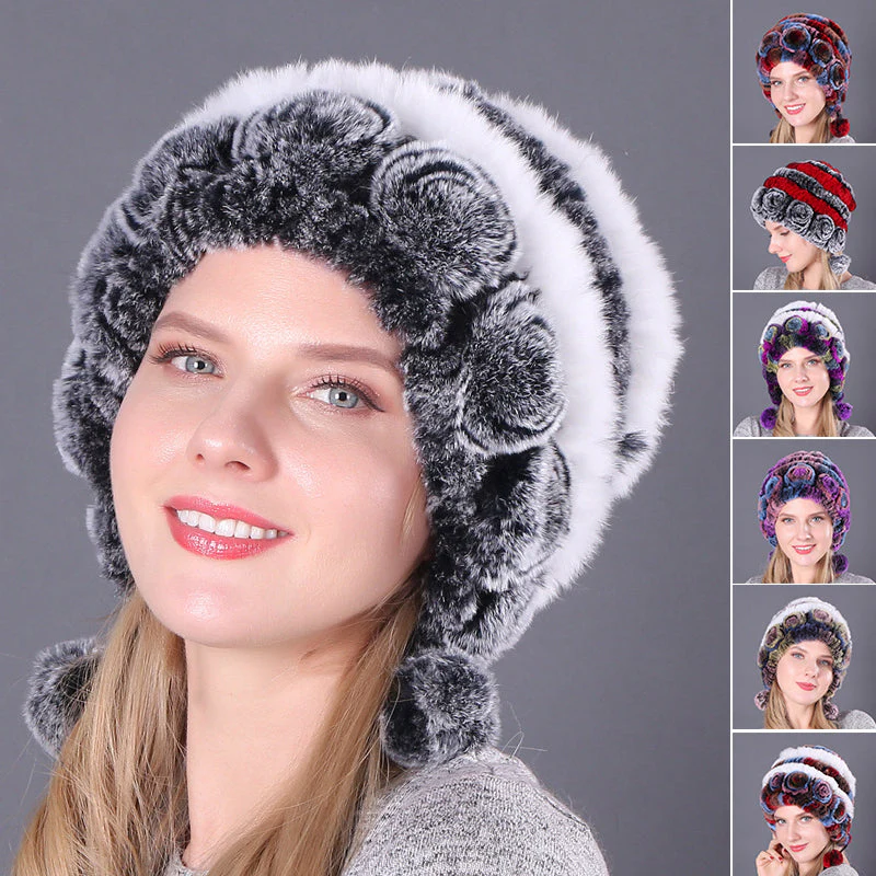 Warm Flowers Striped Real Rex Rabbit Fur Hats Warm Flowers Striped Real Rex Rabbit Fur Hats