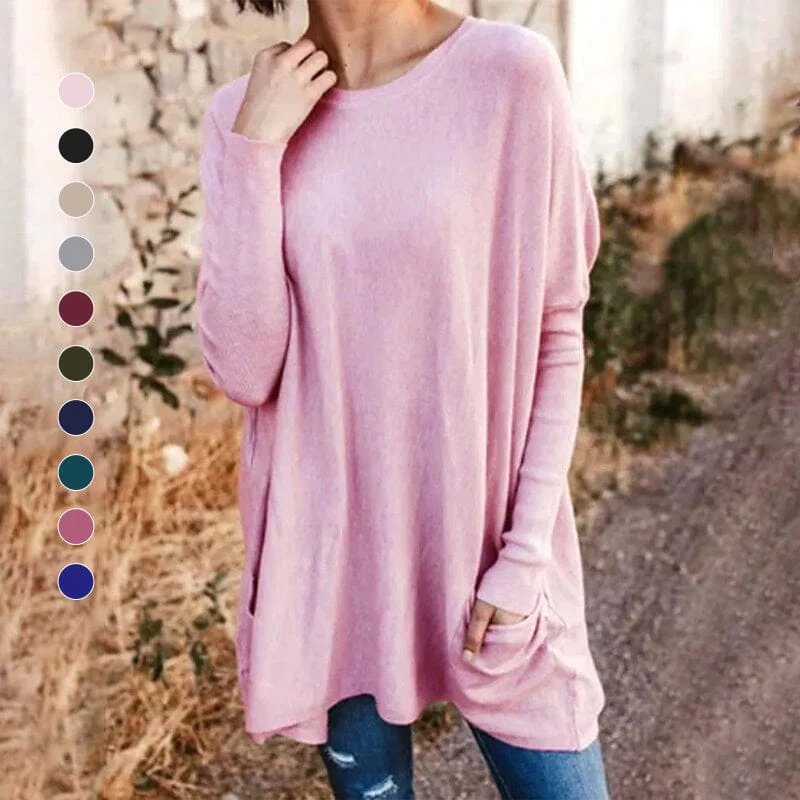 Round Neck Long Sleeve Loose Pocket Solid T-Shirt Round Neck Long Sleeve Loose Pocket Solid T-Shirt