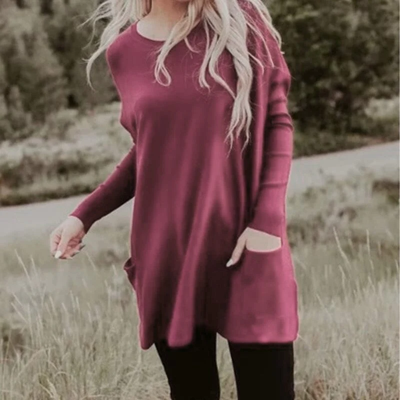 Round Neck Long Sleeve Loose Pocket Soli...