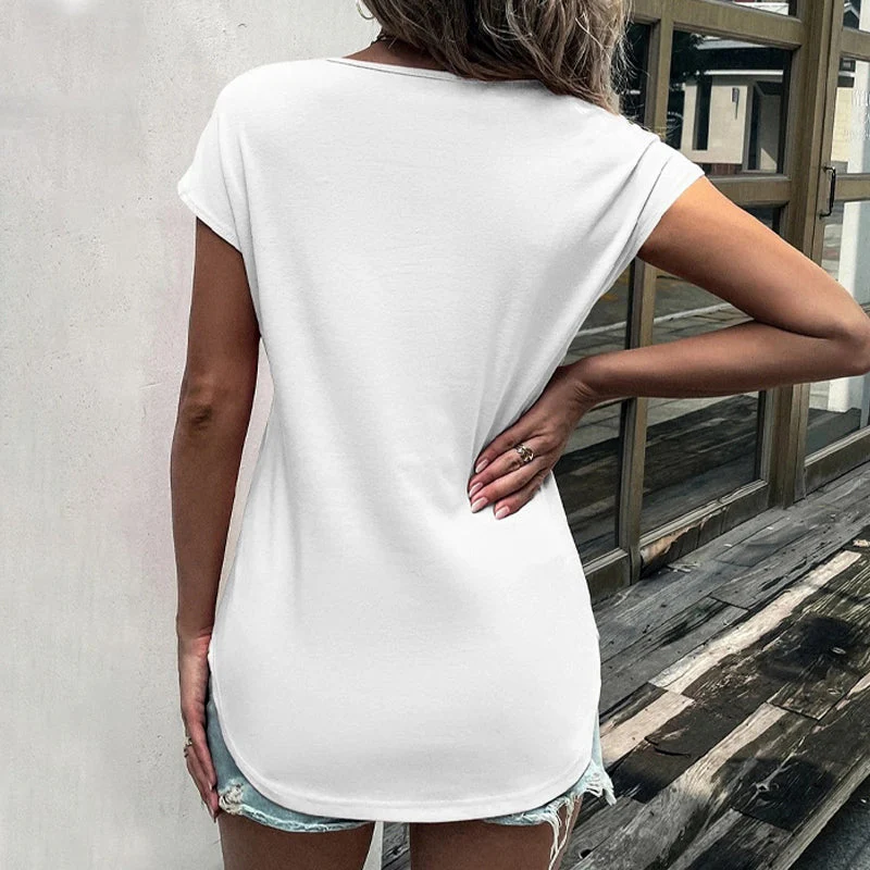 Round Neck Half Zip Panel Lace Short Sleeve T-shirt