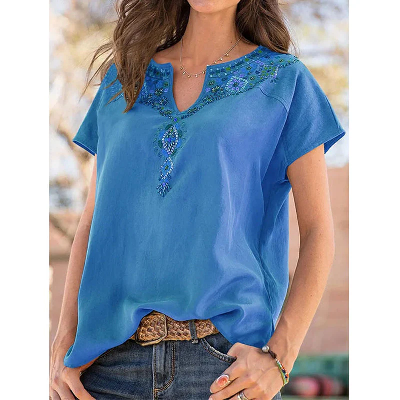 V-Neck Loose Ethnic Style T-Shirt