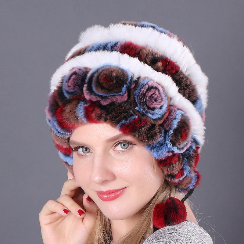 Warm Flowers Striped Real Rex Rabbit Fur Hats Warm Flowers Striped Real Rex Rabbit Fur Hats