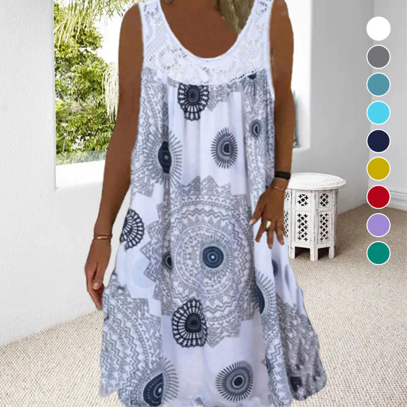 Women Summer O-Neck Sleeveless Print Dre...