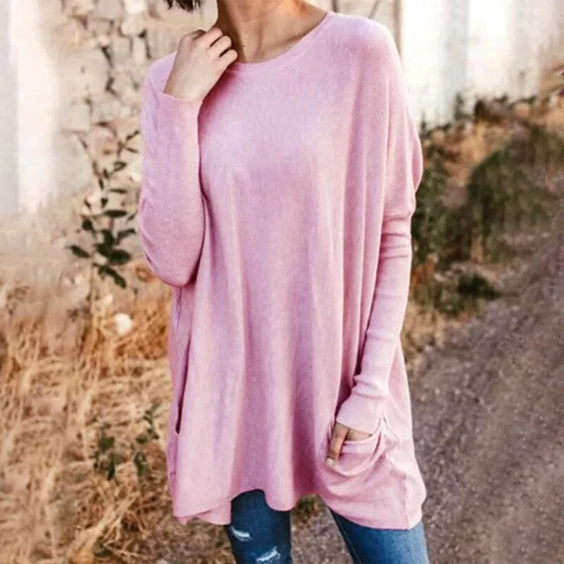 Round Neck Long Sleeve Loose Pocket Solid T-Shirt Round Neck Long Sleeve Loose Pocket Solid T-Shirt