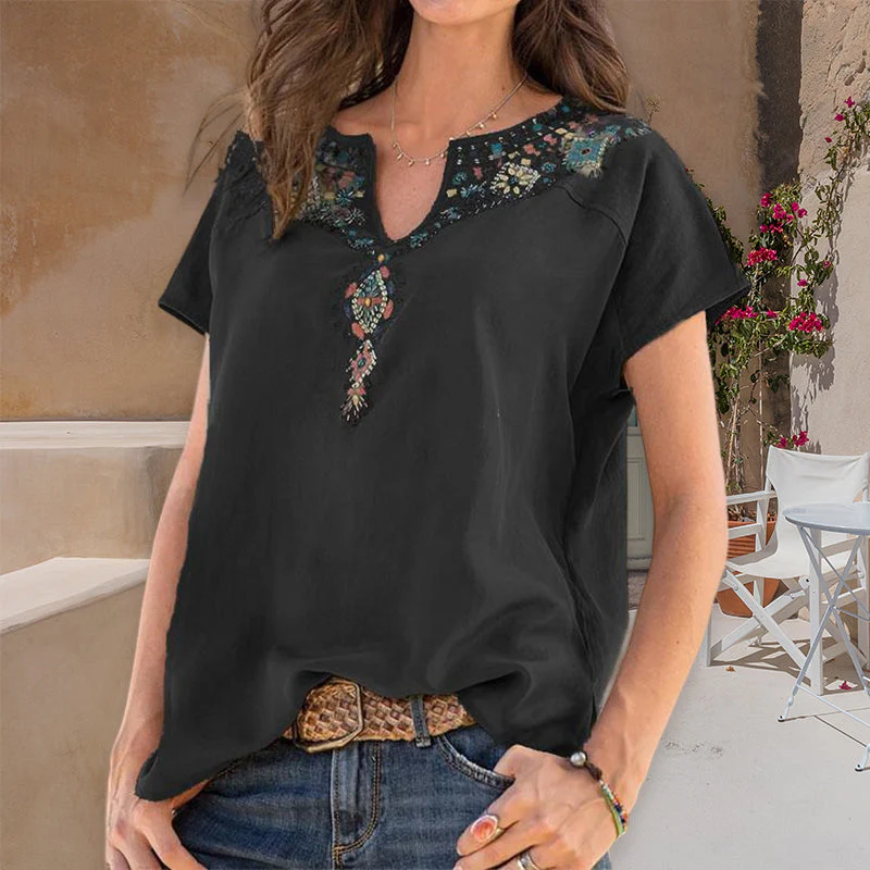 V-Neck Loose Ethnic Style T-Shirt