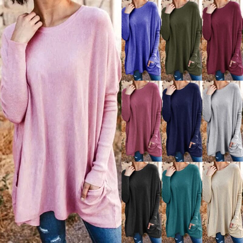 Round Neck Long Sleeve Loose Pocket Solid T-Shirt Round Neck Long Sleeve Loose Pocket Solid T-Shirt